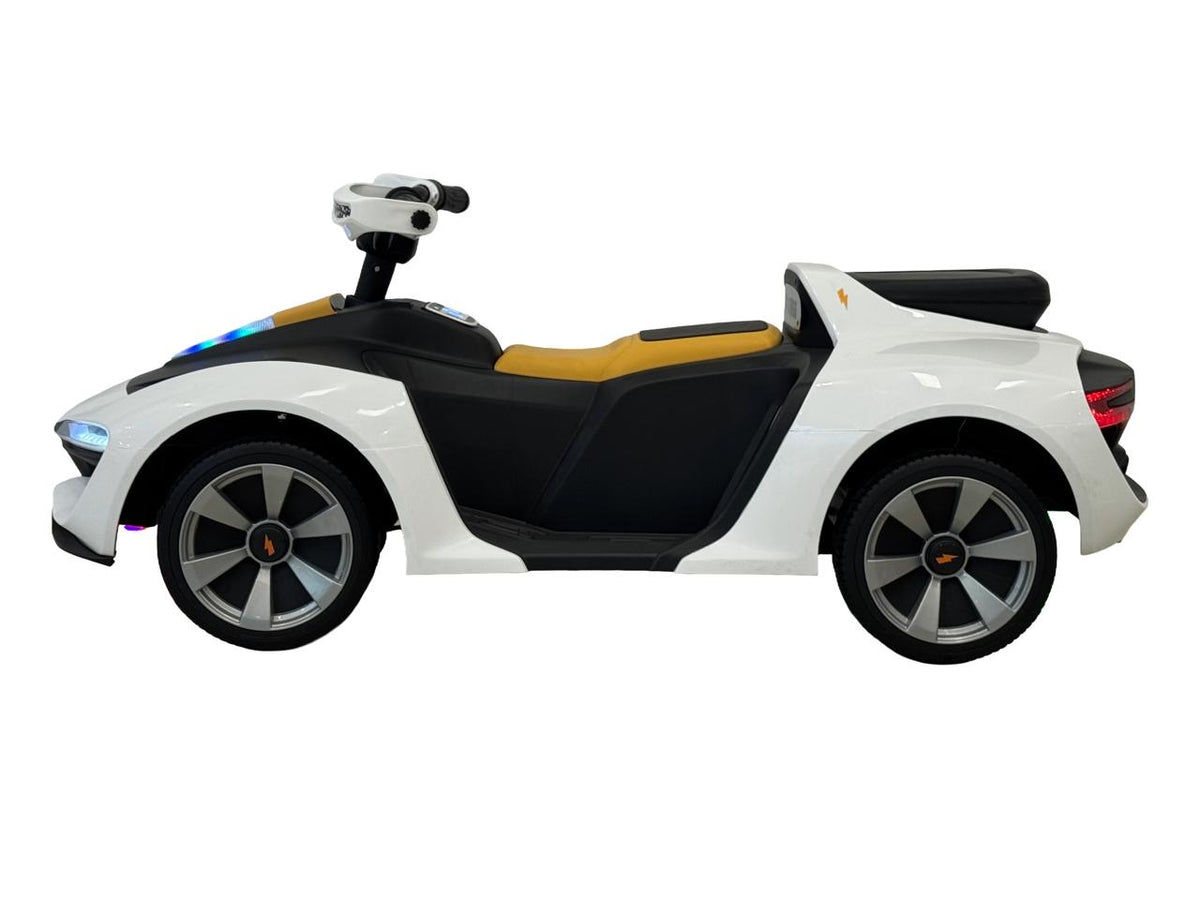 Give your little driver an unforgettable driving experience with this stylish white and black electric ride-on sports car. Featuring a sleek, sporty design, eye-catching LED headlights and taillights, sporty alloy-style wheels, and a comfortable single-se