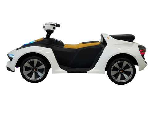 Give your little driver an unforgettable driving experience with this stylish white and black electric ride-on sports car. Featuring a sleek, sporty design, eye-catching LED headlights and taillights, sporty alloy-style wheels, and a comfortable single-se