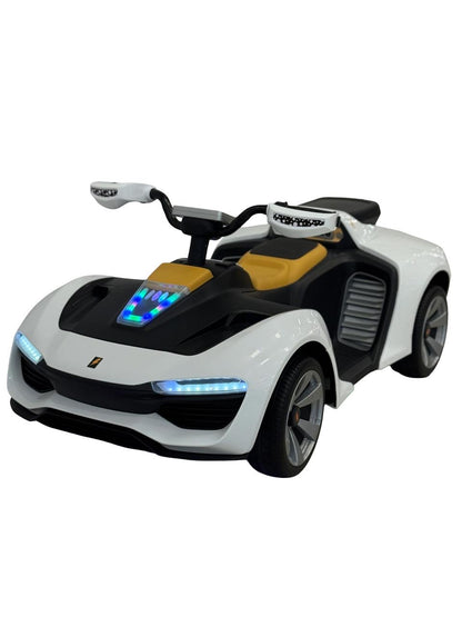 Give your little driver an unforgettable driving experience with this stylish white and black electric ride-on sports car. Featuring a sleek, sporty design, eye-catching LED headlights and taillights, sporty alloy-style wheels, and a comfortable single-se