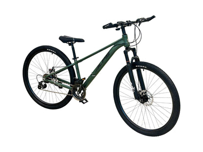 Experience the perfect combination of style, strength, and performance with this sleek green mountain bike. Featuring a sturdy frame, powerful front suspension, wide Kenda tires, and front and rear disc brakes, it’s designed for smooth handling and reli