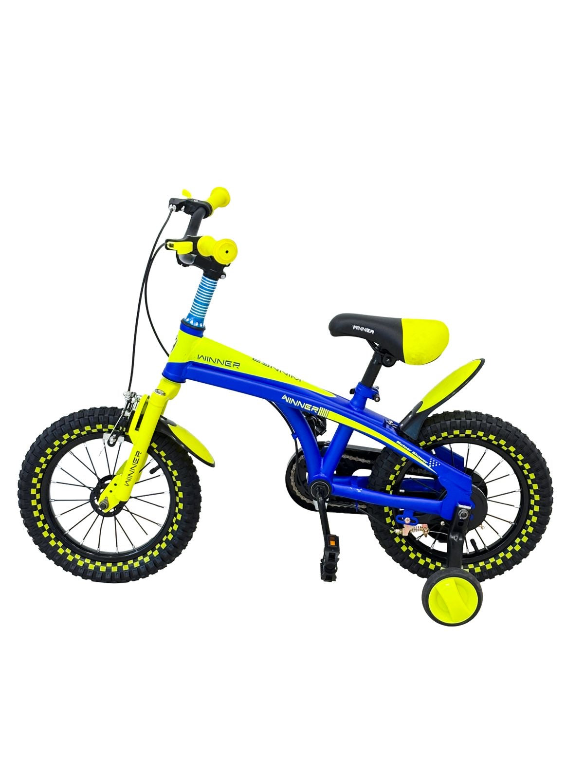 Give your little champion an exciting ride with this eye-catching WINNER kids’ bicycle! Featuring a vibrant neon yellow and blue design, a sturdy frame, chunky tires, and training wheels for extra balance and stability. Perfect for outdoor adventures, fam