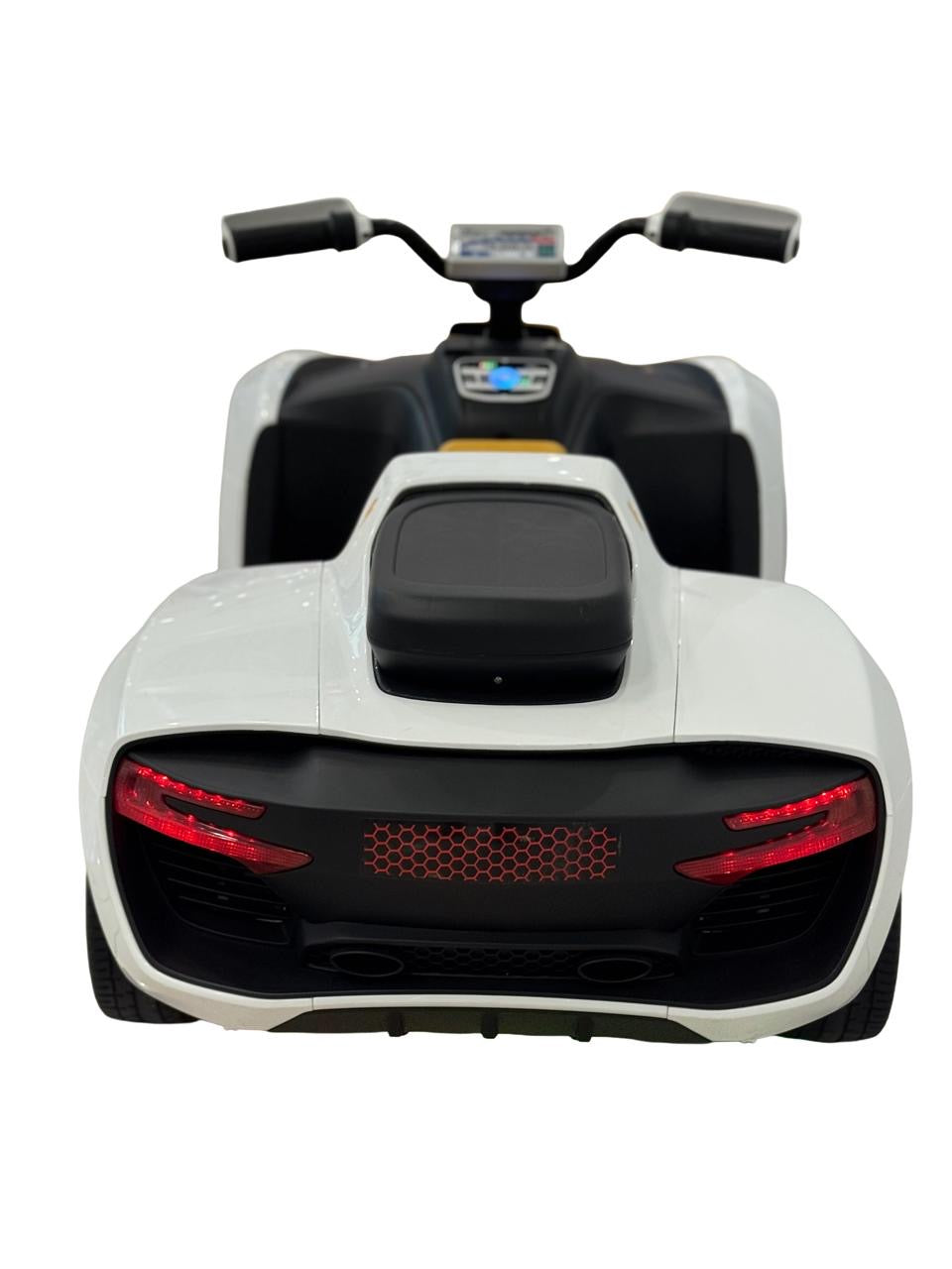 Give your little driver an unforgettable driving experience with this stylish white and black electric ride-on sports car. Featuring a sleek, sporty design, eye-catching LED headlights and taillights, sporty alloy-style wheels, and a comfortable single-se